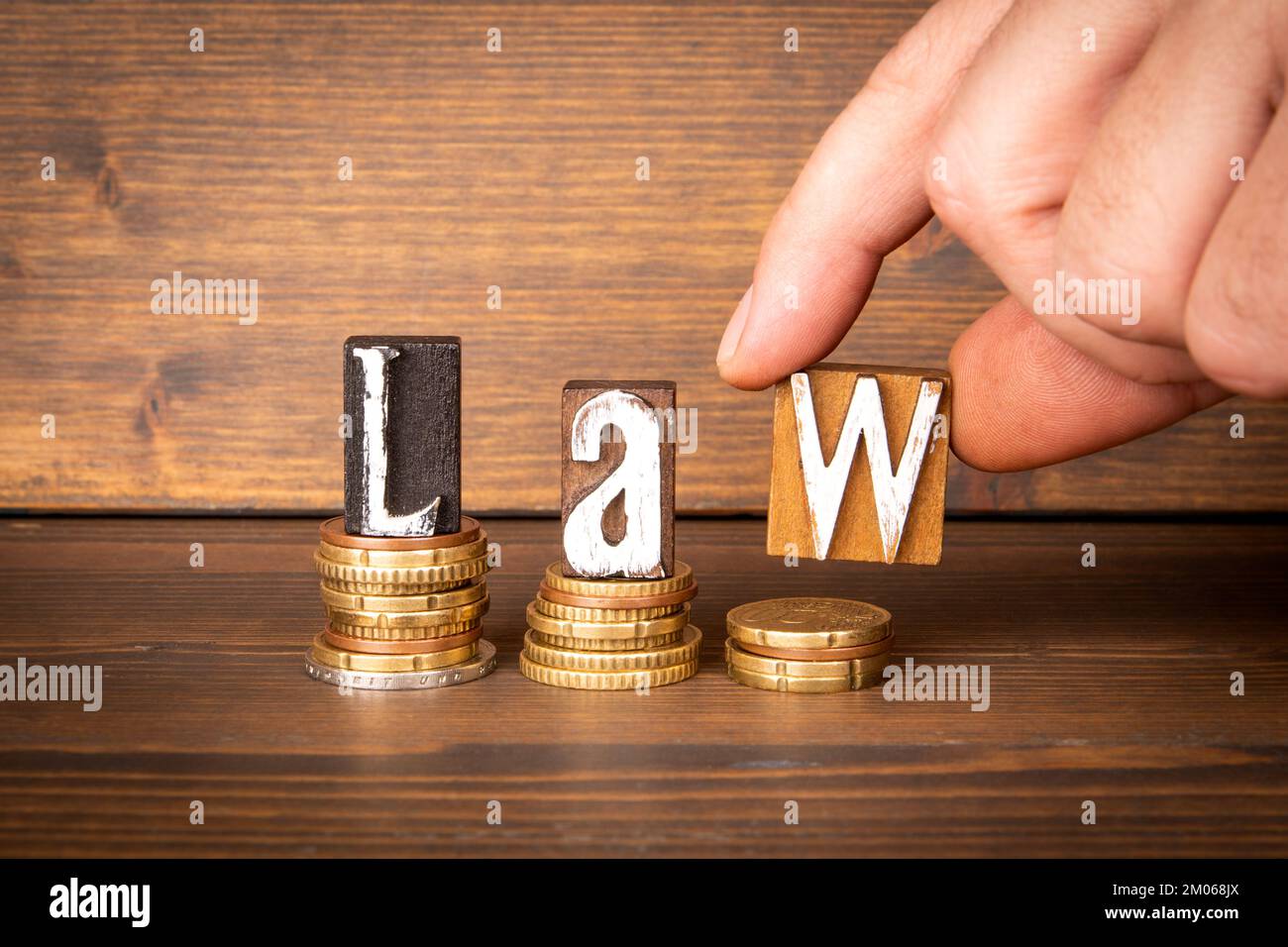 Law. Costs and peace settlement concept. wooden alphabet letters and money. Stock Photo