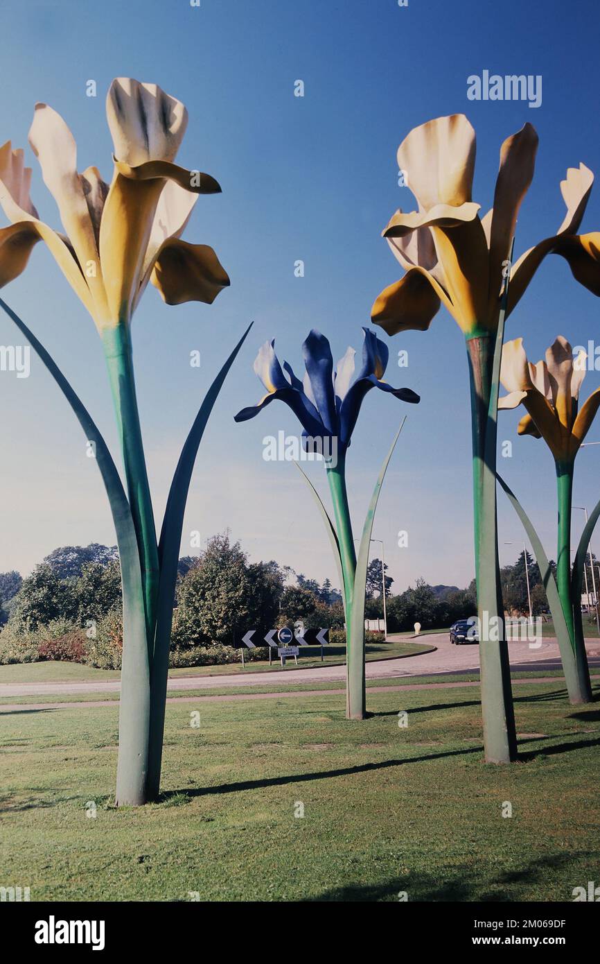 Glenrothes, Scotland, UK. Giant Irises sculpture on a roundabout. In