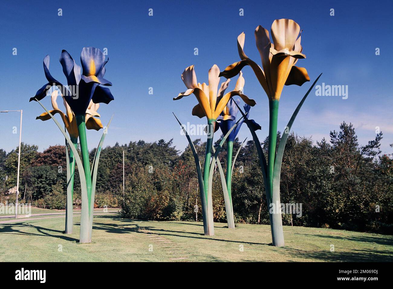 Glenrothes, Scotland, UK. Giant Irises sculpture on a roundabout. In