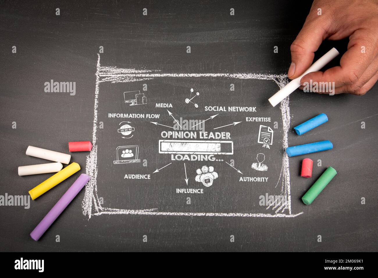 Opinion Leader. Illustrated charging concept with keywords, icons and ...