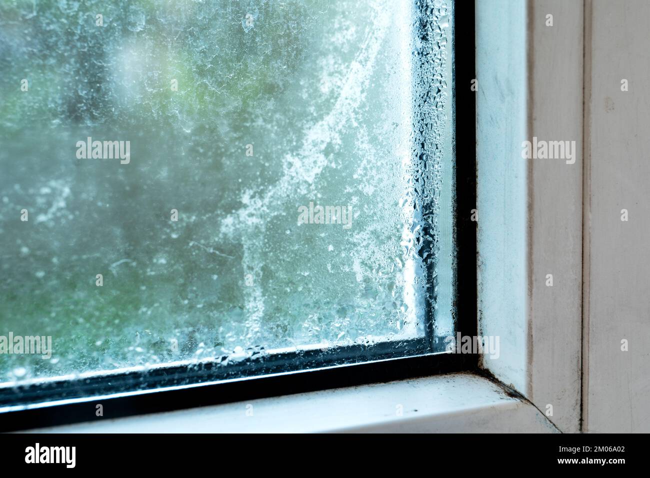 House Window With Damp And Condensation. Mold and allergy concept. Stock Photo