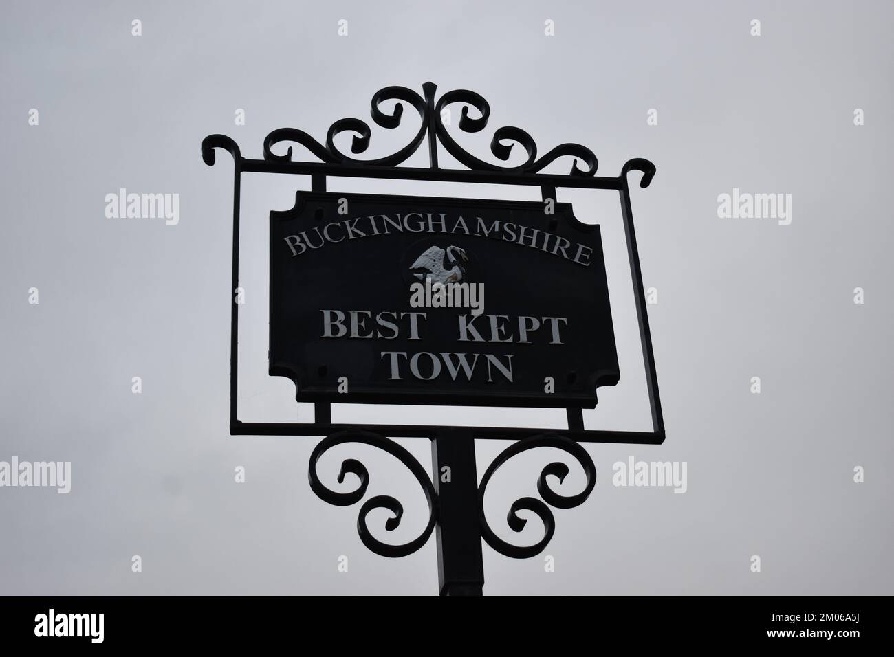 'Best Kept Town' sign in Stony Stratford, Milton Keynes with copyspace. Stock Photo