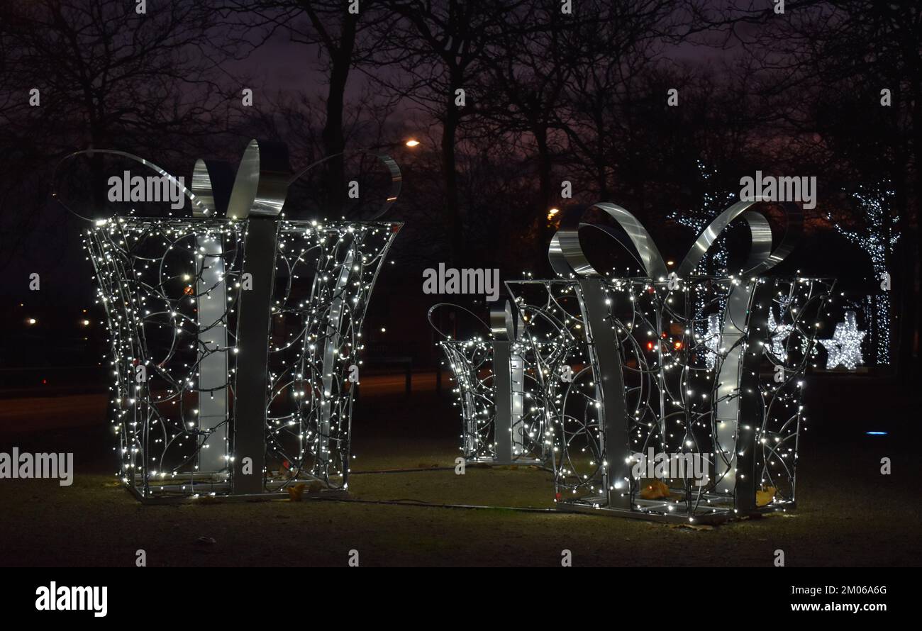 Christmas decorations along the road in Central Milton Keynes. Stock Photo
