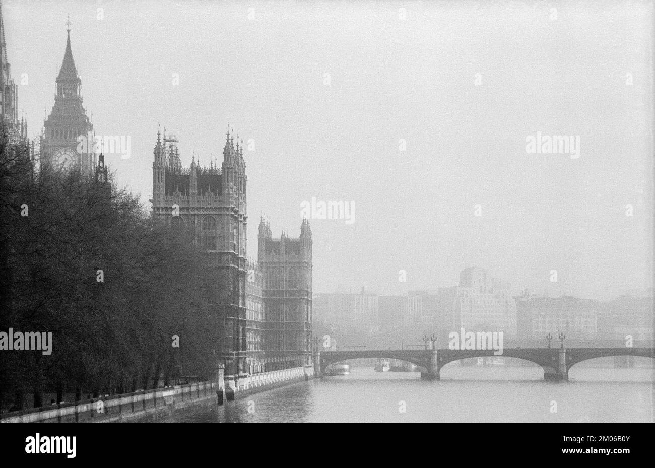 1978 black & white archive image of the Houses of Parliament, River Thames and Westminster Bridge, London. Stock Photo