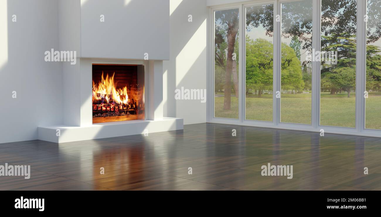 Energy Fireplace in white concrete wall, wooden floor, space. Burning ...