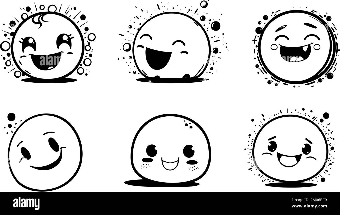 Cute vector cartoon smily faces set, smile emotes, black and white