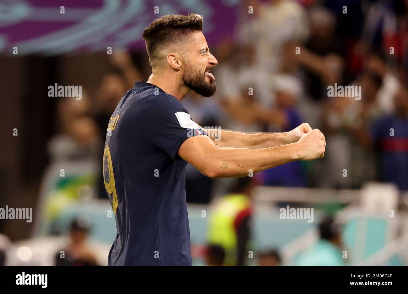 Olivier Giroud of France celebrates the goal of Kylian Mbappe during the FIFA World Cup 2022, Round of 16 football match between France and Poland on December 4, 2022 at Al Thumama Stadium in Doha, Qatar - Photo Jean Catuffe / DPPI Stock Photo