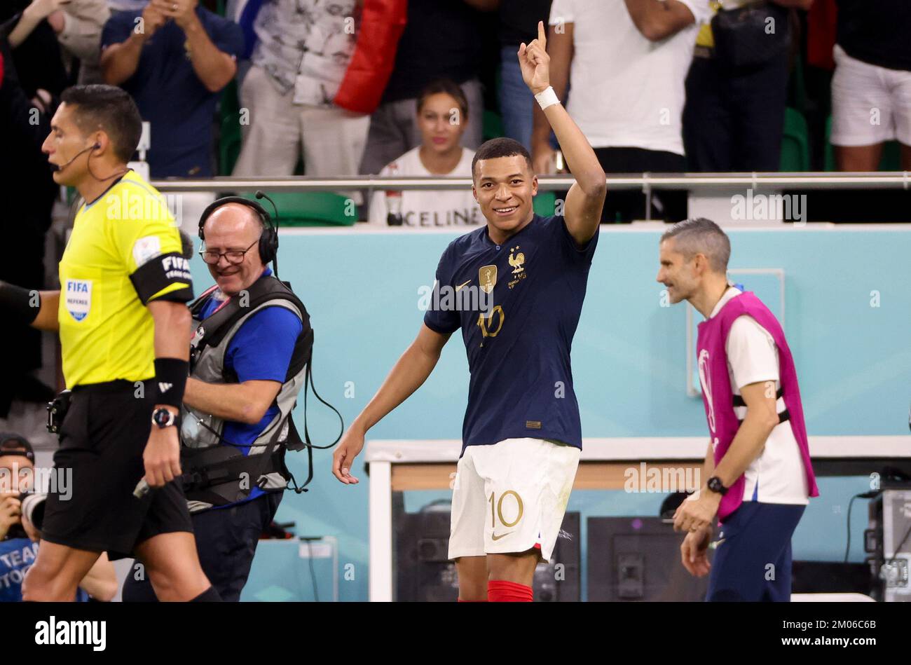 Kylian Mbappe of France celebrates his second goal during the FIFA World Cup 2022, Round of 16 football match between France and Poland on December 4, 2022 at Al Thumama Stadium in Doha, Qatar - Photo Jean Catuffe / DPPI Stock Photo