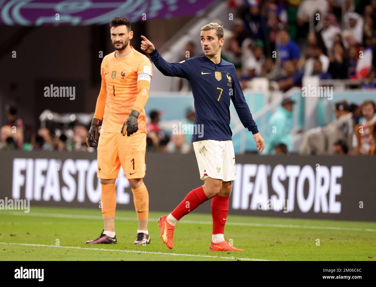 Antoine Griezmann, goalkeeper of France Hugo Lloris (left) during the FIFA World Cup 2022, Round of 16 football match between France and Poland on December 4, 2022 at Al Thumama Stadium in Doha, Qatar - Photo Jean Catuffe / DPPI Stock Photo