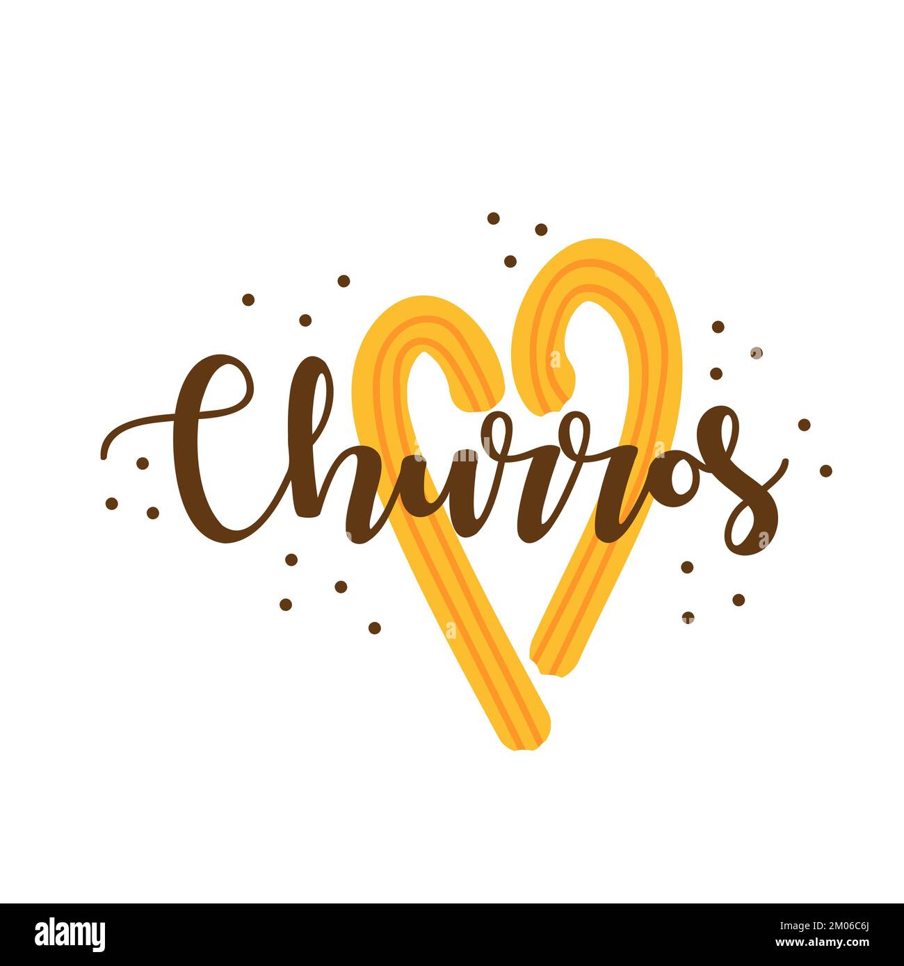 Churros. Hand drawn lettering with churros sticks in shape of heart. Vector illustration on white Stock Vector