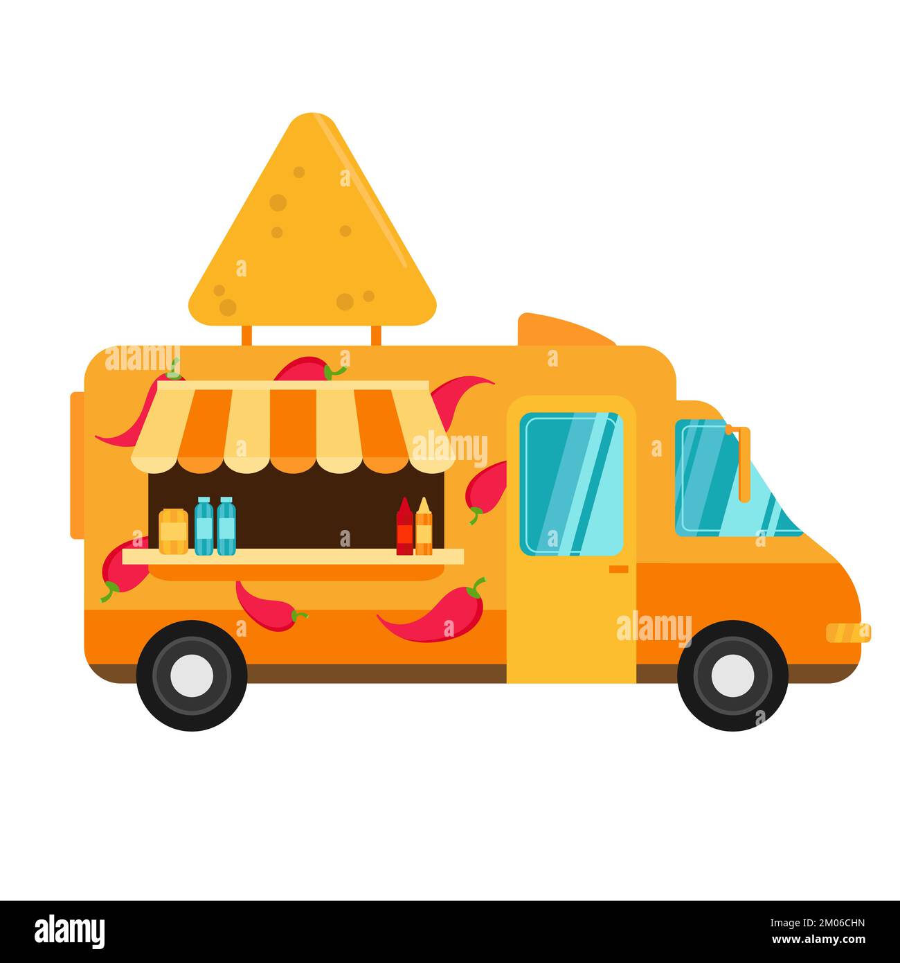 Food truck for Mexican nachos chili pepper fast delivery service or summer food festival. Truck van with nachos on white background Stock Vector