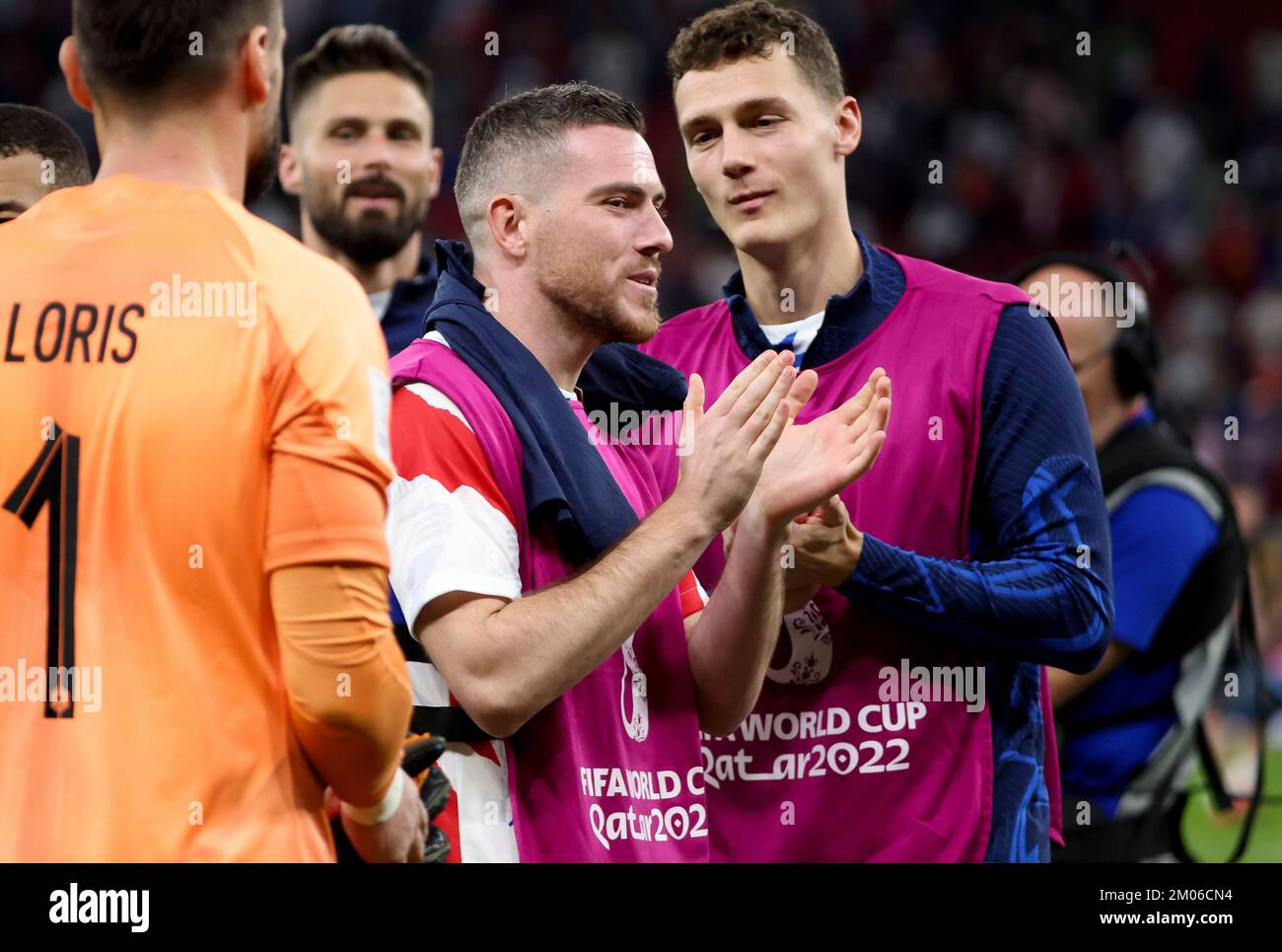 Jordan Veretout, Benjamin Pavard of France celebrate the victory following the FIFA World Cup 2022, Round of 16 football match between France and Poland on December 4, 2022 at Al Thumama Stadium in Doha, Qatar - Photo Jean Catuffe / DPPI Stock Photo