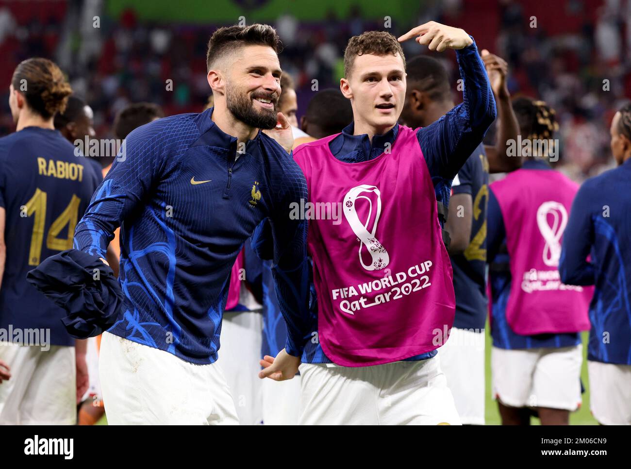 Olivier Giroud. Benjamin Pavard of France celebrate the victory following the FIFA World Cup 2022, Round of 16 football match between France and Poland on December 4, 2022 at Al Thumama Stadium in Doha, Qatar - Photo Jean Catuffe / DPPI Stock Photo