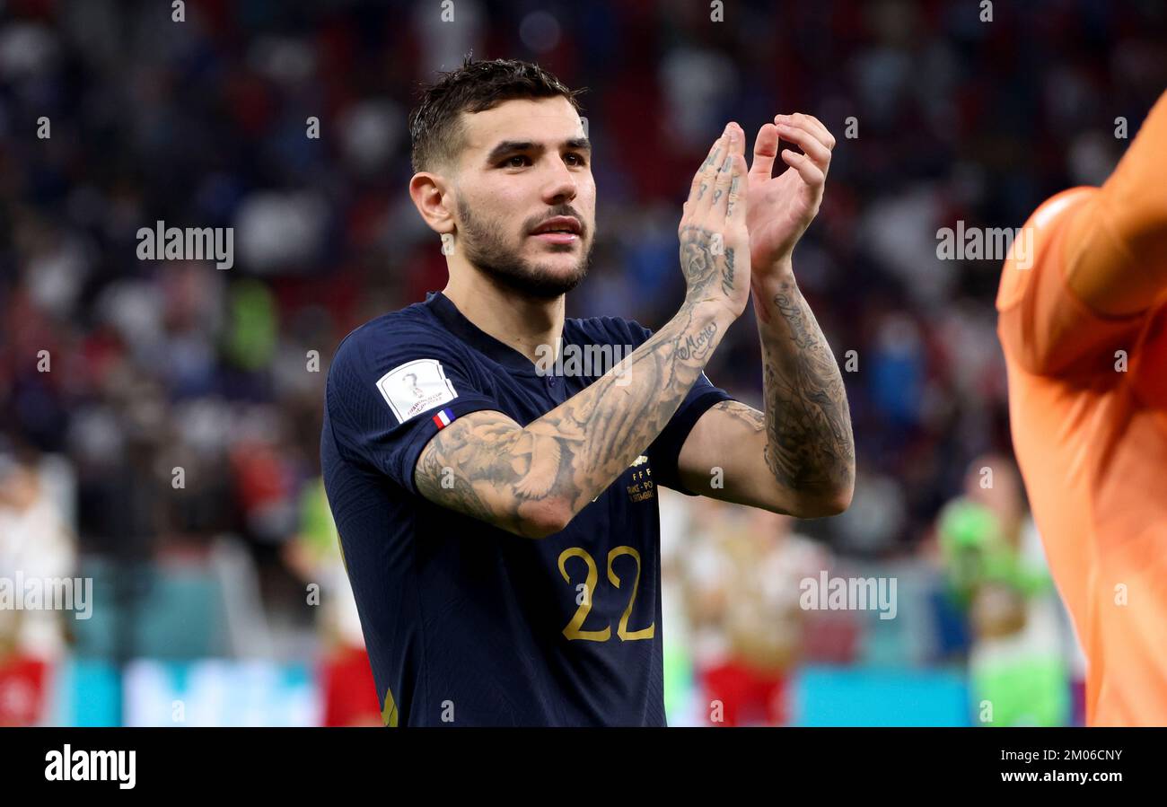 Theo Hernandez of France celebrates the victory following the FIFA World Cup 2022, Round of 16 football match between France and Poland on December 4, 2022 at Al Thumama Stadium in Doha, Qatar - Photo Jean Catuffe / DPPI Stock Photo