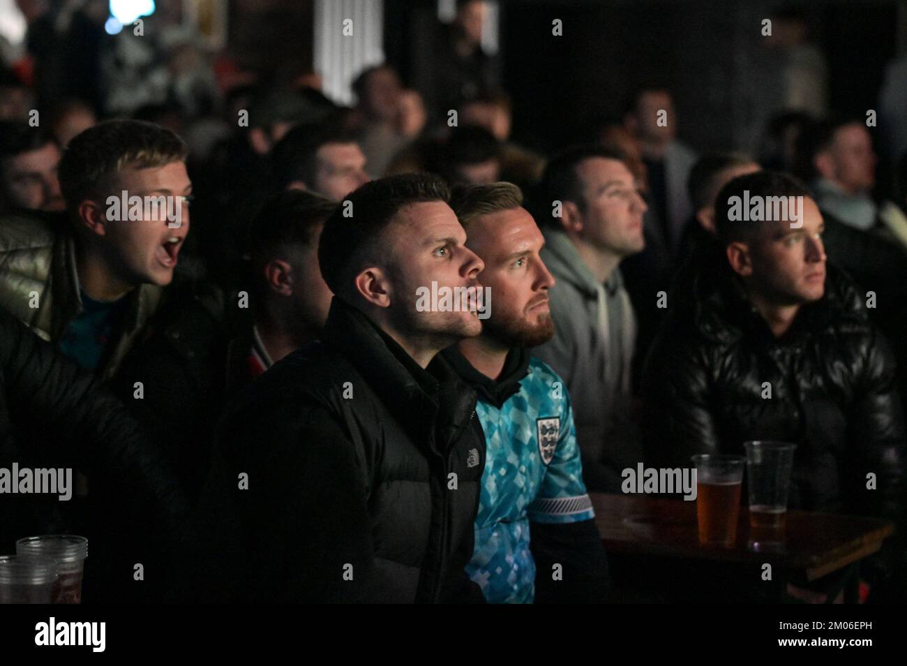The Mill, Digbeth, Birmingham, December 4th 2022 - England fans at the 4TheFans Fan Park in Birmingham as England play against Senegal in the 2022 FIFA World Cup. Credit: Sam Holiday/Alamy Live News Stock Photo
