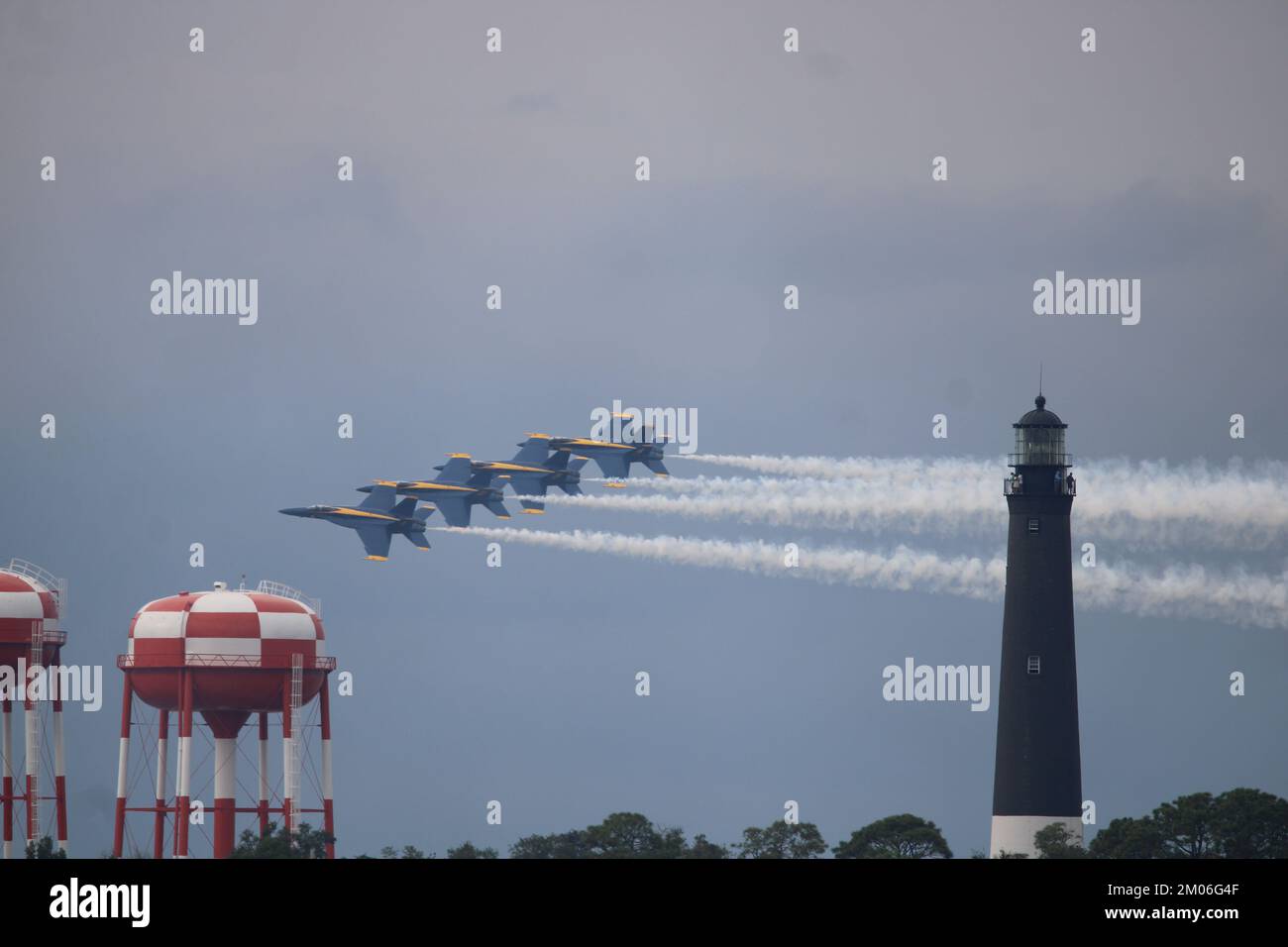 US Navy Blue Angels flying by the Pensacola Lighthouse during an