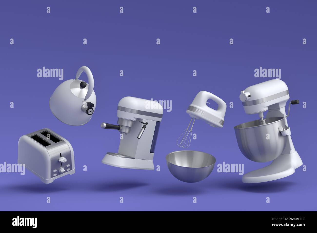 Espresso coffee machine, hand mixer, kettle and toaster for preparing