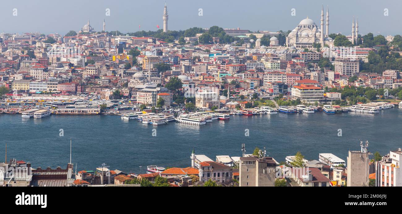 Istanbul, Turkey - July 1, 2016: Summer cityscape with Golden Horn a major urban waterway and the primary inlet of the Bosphorus, photo taken from the Stock Photo