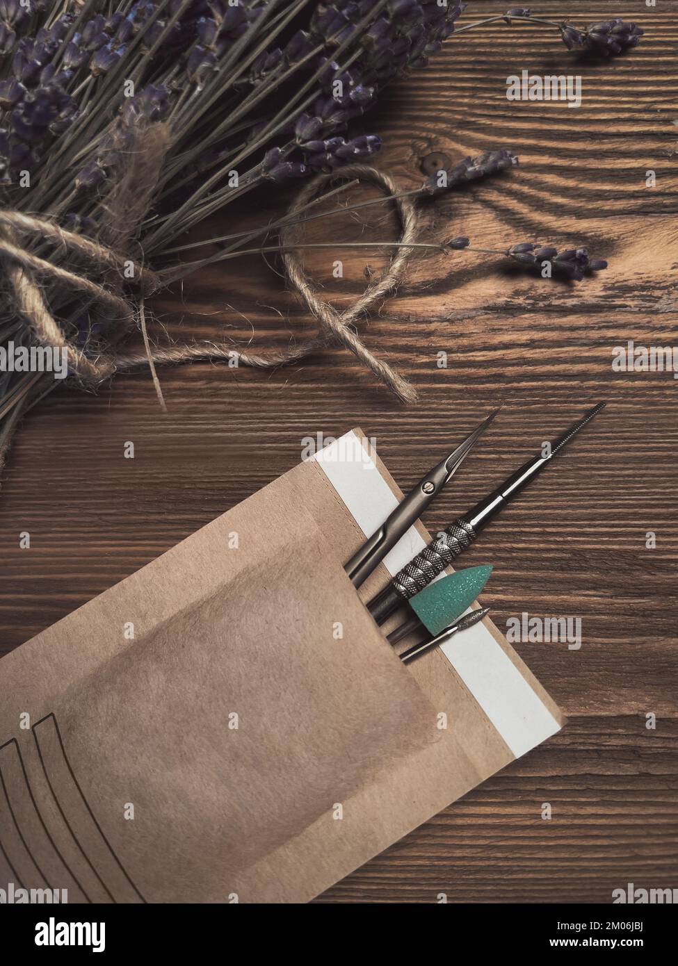 A set of sterile manicure tools in a craft package. Nail salon Stock