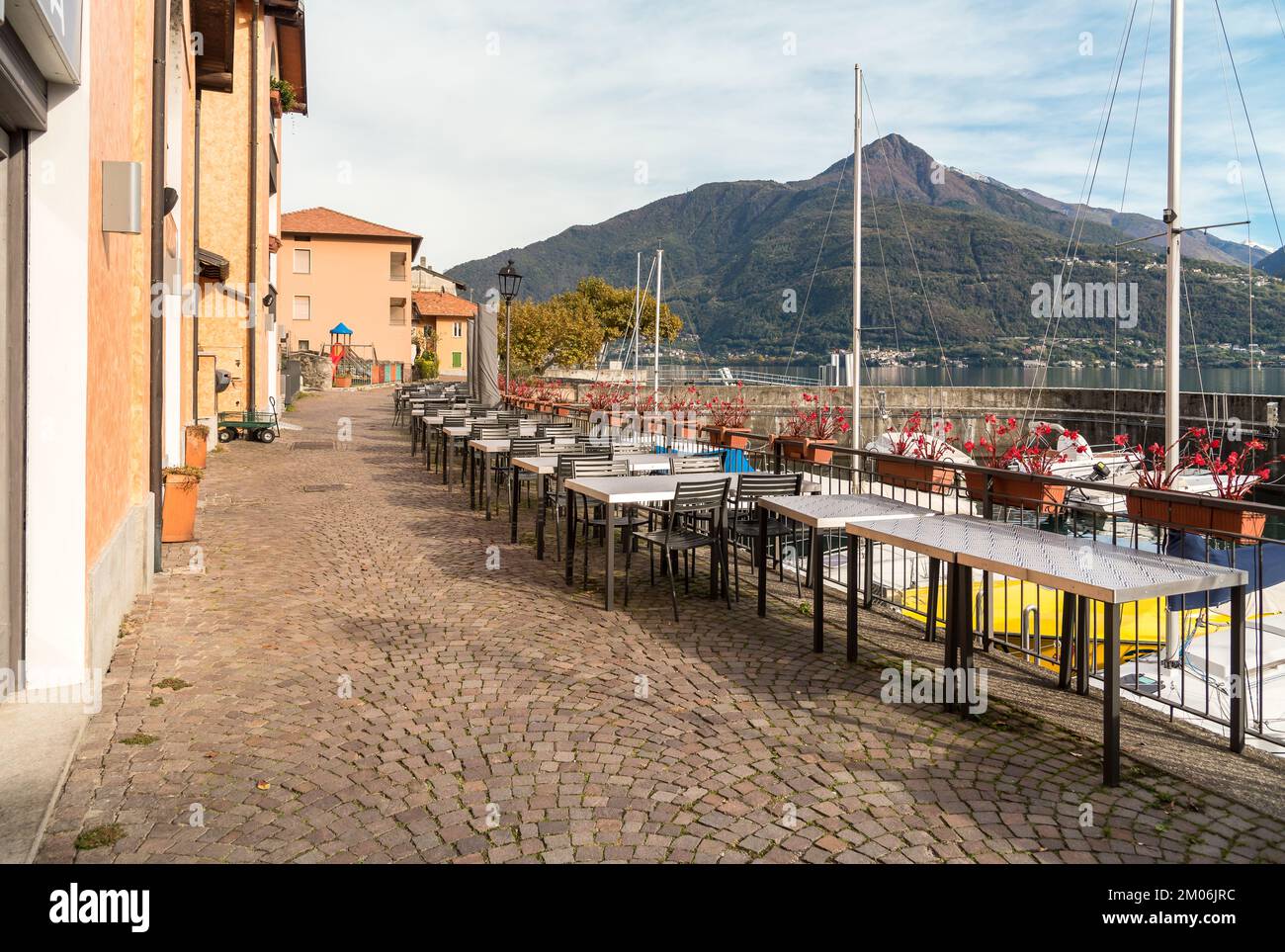 Lakefront of the Cremia village situated on the shore of Lake Como, at autumn time, Lombardy, Italy Stock Photo