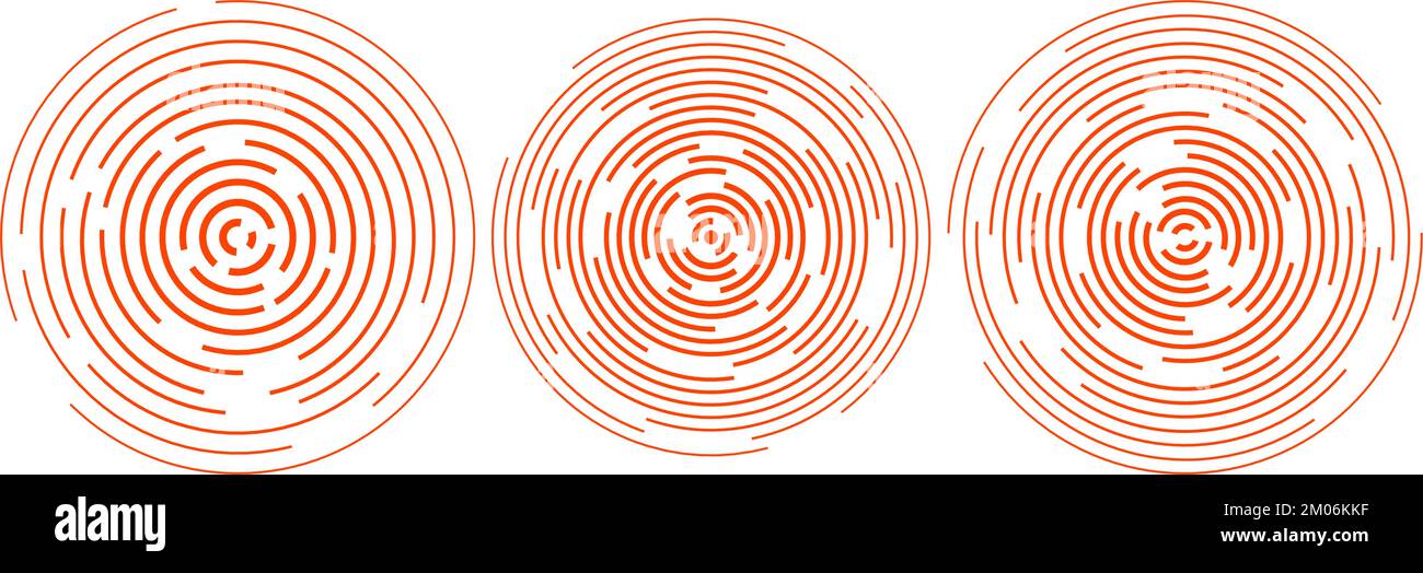 Red concentric ripple circles set. Sonar or sound wave rings collection. Epicentre, target, radar, vibration element concepts. Radial signal.  Stock Vector