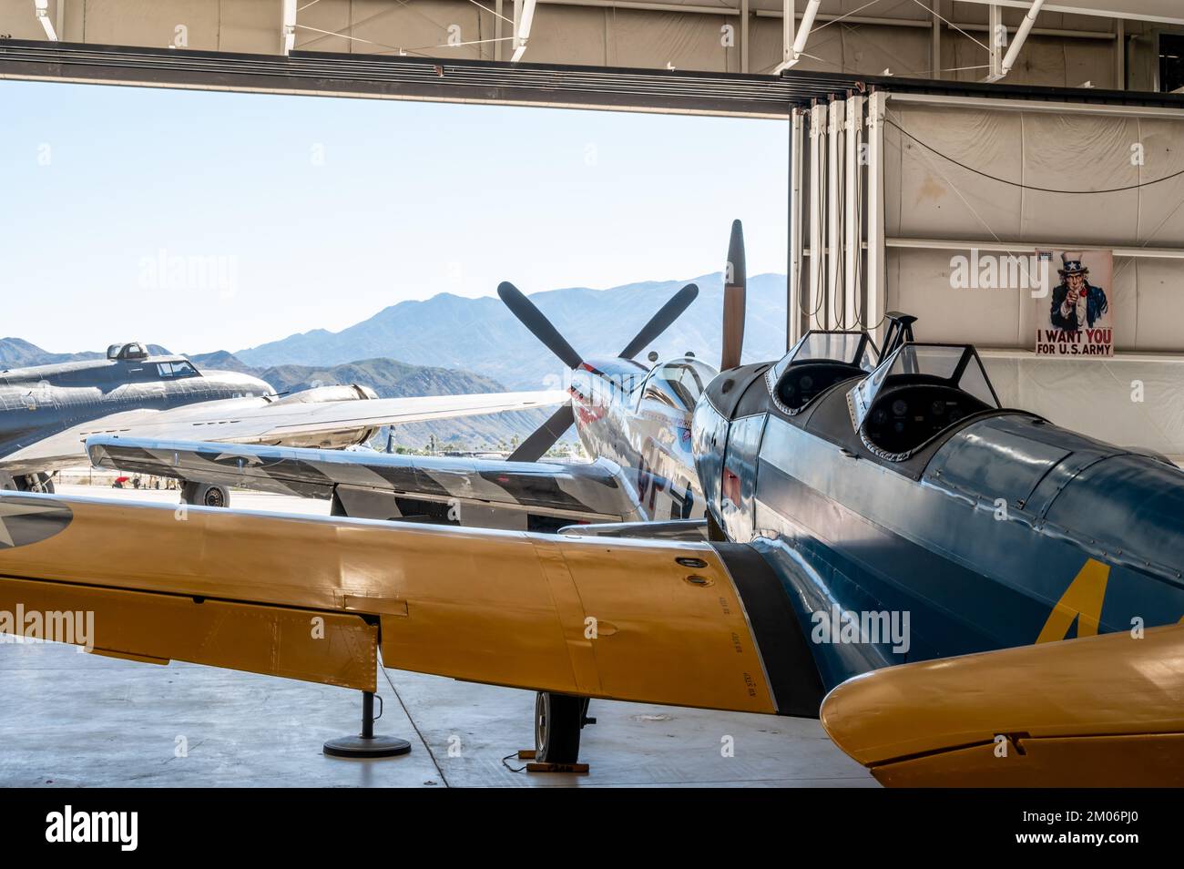 Palm Springs, California, USA - 2.2022 - Open hanger with airplanes at the Air Museum. Stock Photo