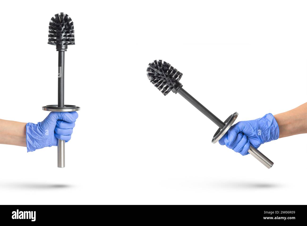 Toilet brush in hand on a white isolated background, a hand in a blue rubber glove holds a black