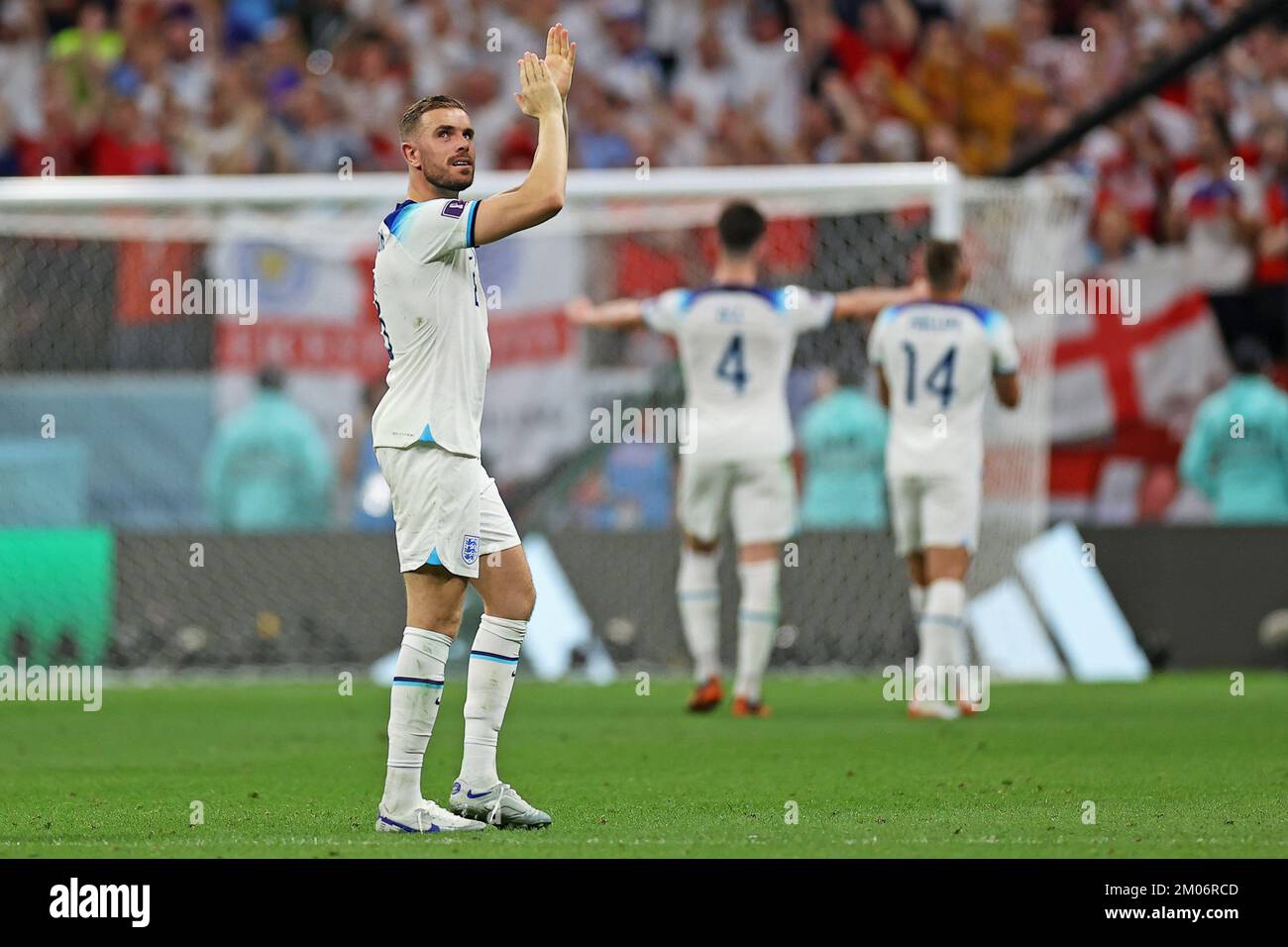4th December 2022; Al Bayt stadium, Doha, Qatar: FIFA World Cup football, final 16, England versus Senegal: Jordan Henderson of England applauds the fans at the final whistle and a 3-0 win Stock Photo