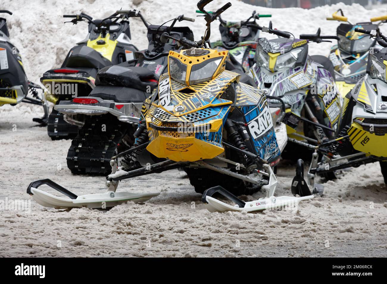 Group of parked modified snowmobiles. Quebec,Canada Stock Photo