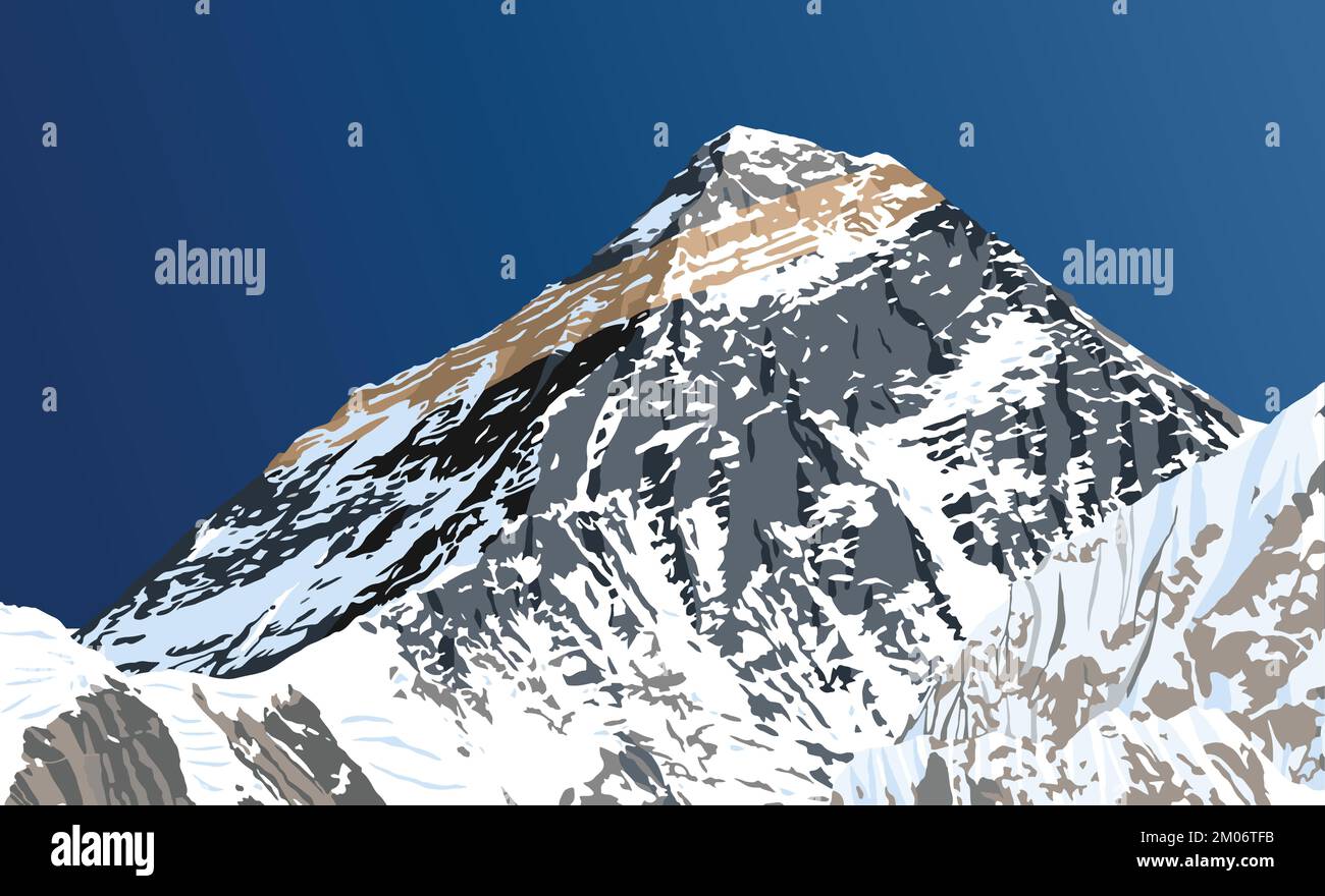 mount Everest from Nepal side as seen from gokyo, vector illustration, Mt Everest 8,848 m, Khumbu valley, Sagarmatha national park, Nepal Himalaya mou Stock Vector