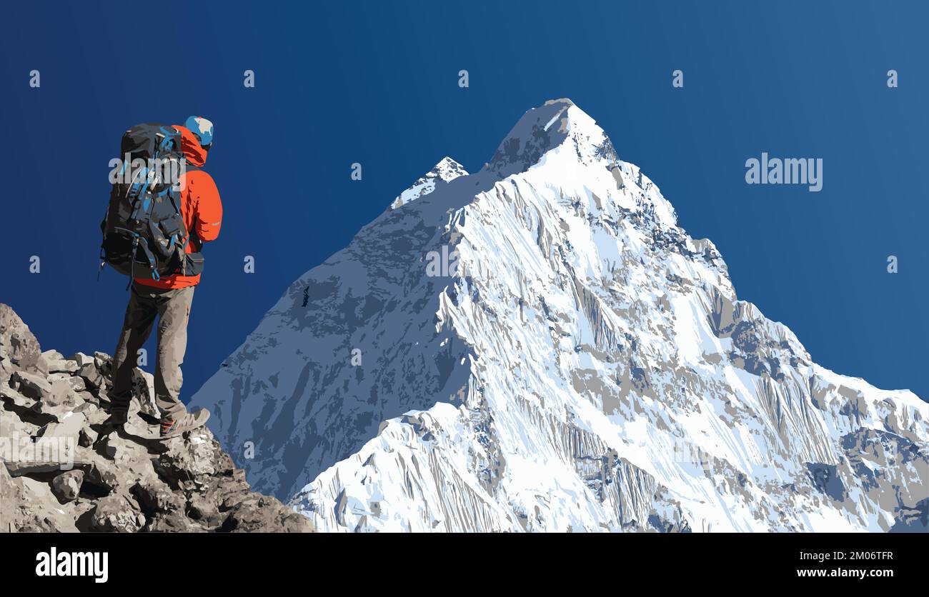 Mount Nuptse with hiker, mountain vector illustration himalaya landscape Stock Vector