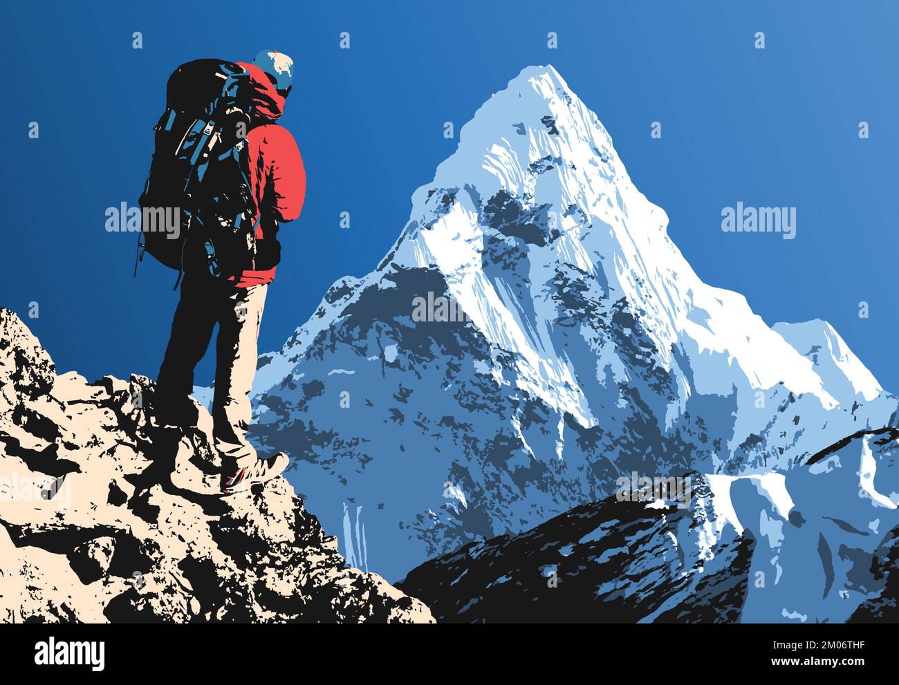 Mount Ama Dablam with hiker, mountain vector illustration Stock Vector