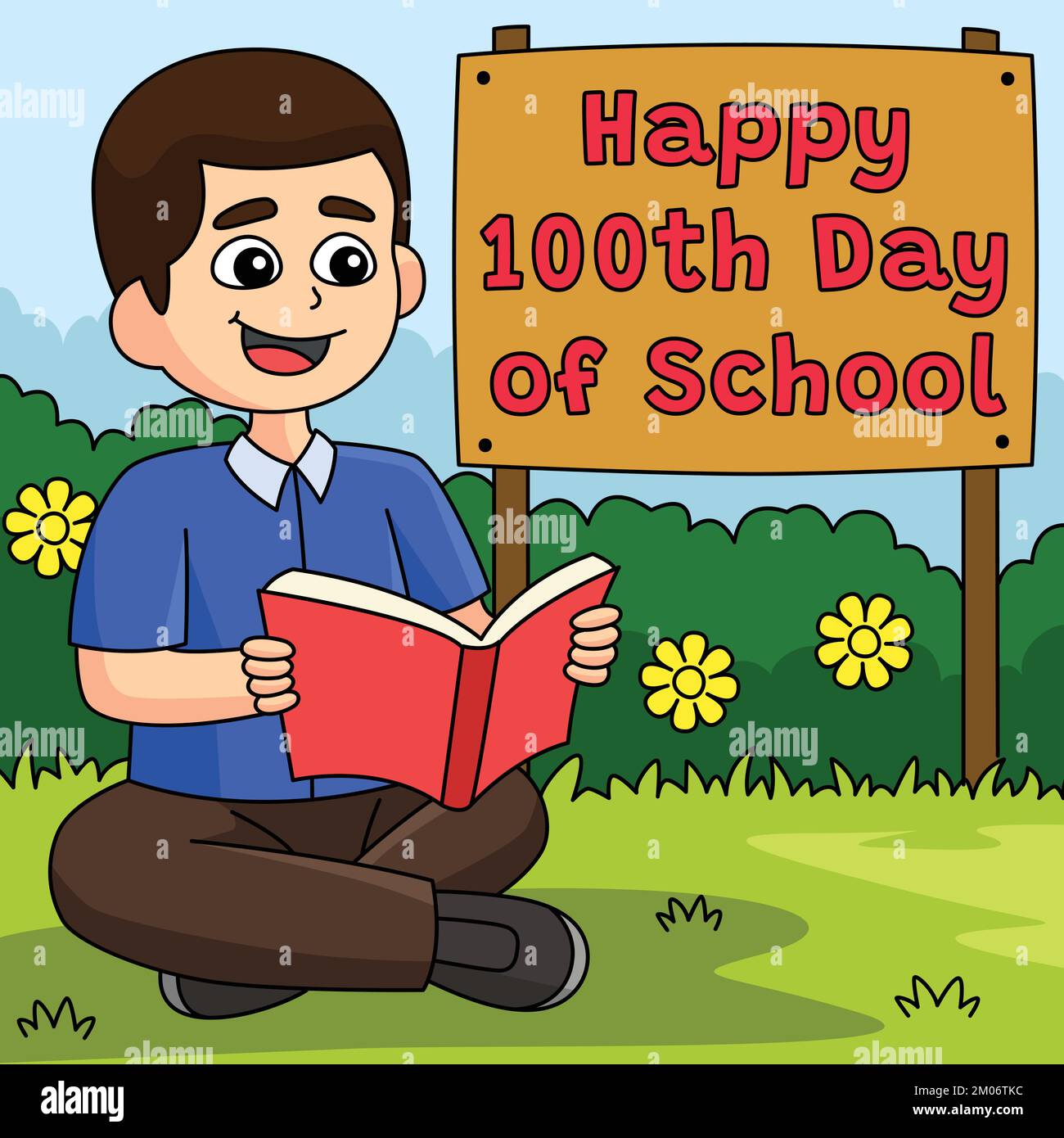 100th Day Of School Student with Book Colored  Stock Vector