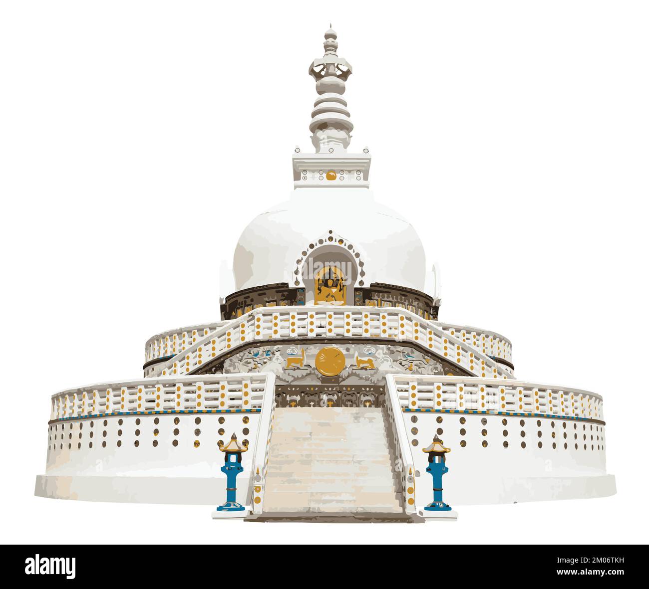 Tall Shanti Stupa near Leh isolated on white background vector illustration Stock Vector
