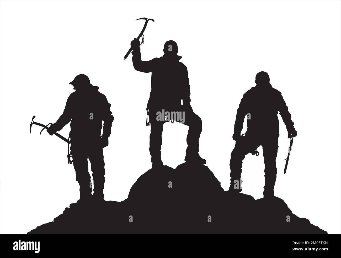 three black climbers with ice axe in hand ont top of Mount on white