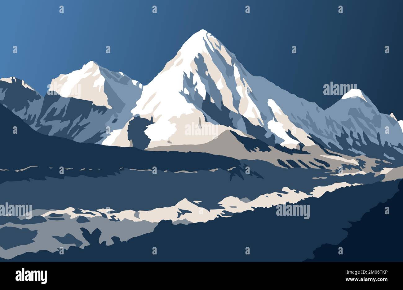 Khumbu glacier and Mount Pumori, vector illustration, Khumbu valley, Sagarmatha national park, Nepal Himalaya mountain Stock Vector