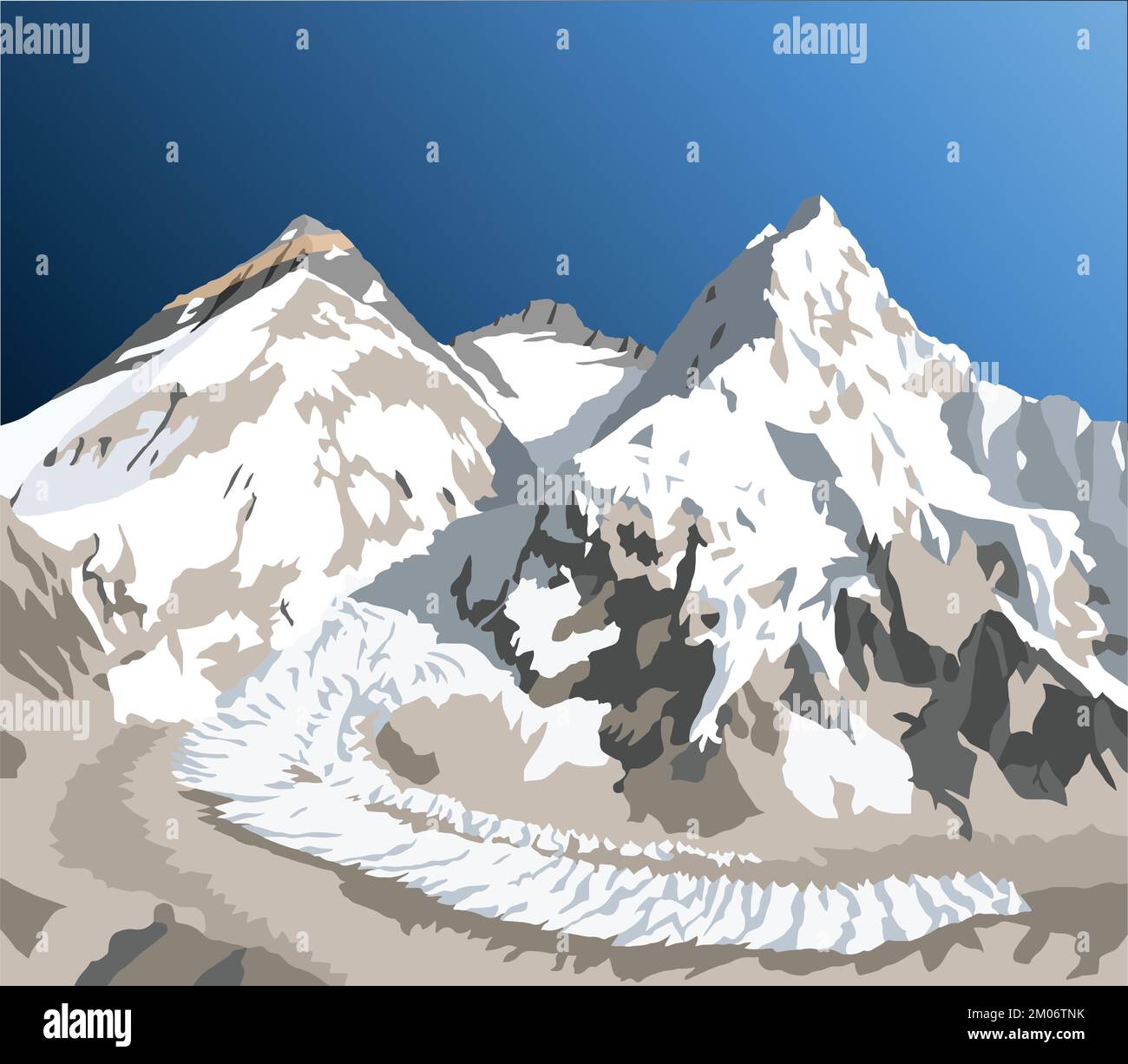 mount Everest, Lhotse and Nuptse from Nepal side as seen from Pumori base camp, vector illustration, Mt Everest 8,848 m, Khumbu valley, Sagarmatha nat Stock Vector