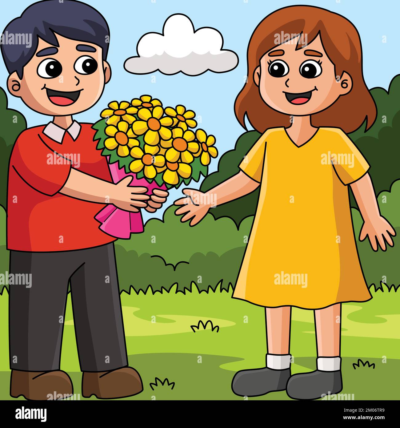 Valentines Day Loving Couple Colored Cartoon  Stock Vector