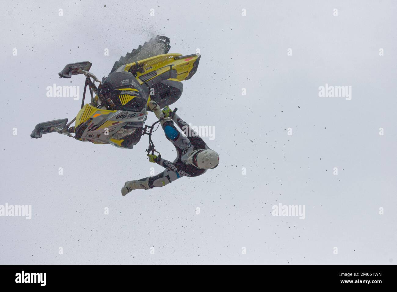 World snowmobiling champions perform aerial tricks in downtown Montreal. Quebec,Canada Stock Photo