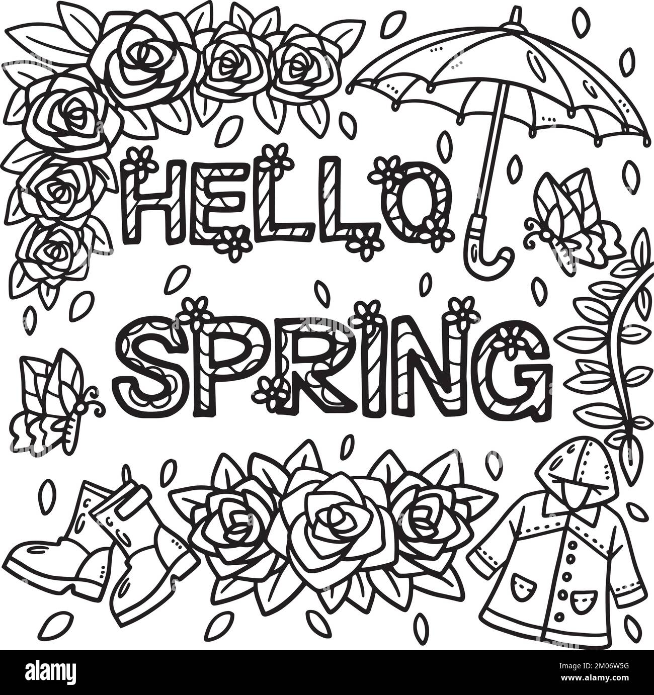 Hello Spring Coloring Page for Kids Stock Vector