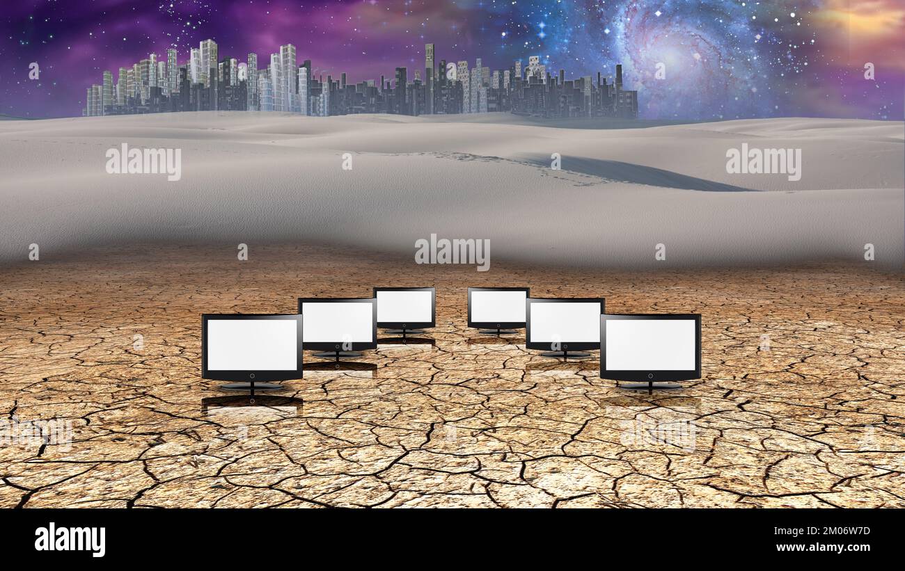 TV screens in desert. City on the horizon. 3D rendering Stock Photo