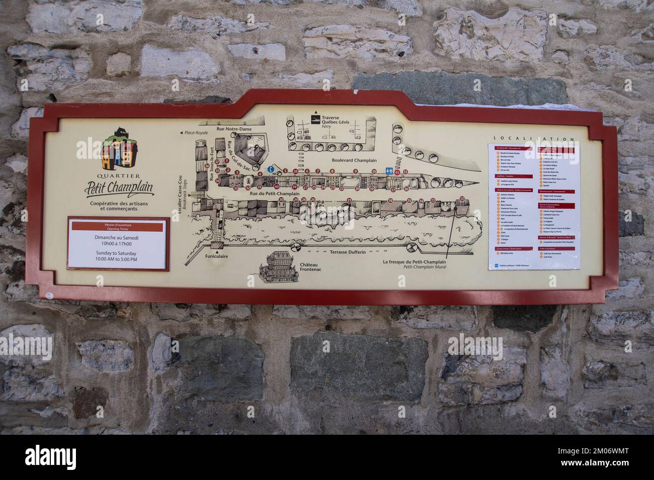 Quartier Petit Champlain sign showing map of Le Petit Champlain in Quebec City Stock Photo