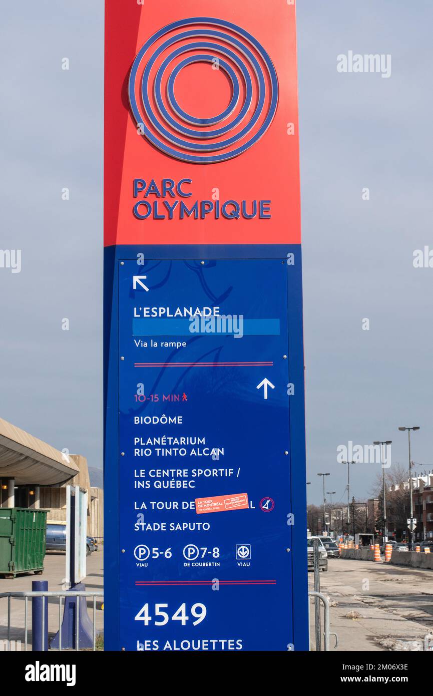 Information sign at Olympic Stadium in Montreal, Quebec, Canada Stock Photo