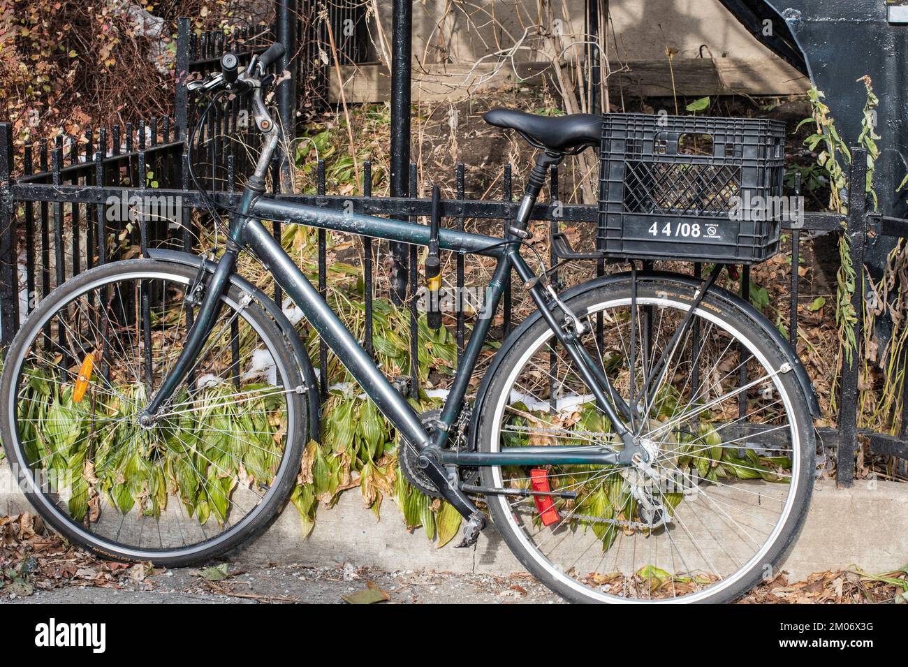 Bicycle with basket parked in Montreal, Quebec, Canada Stock Photo Alamy