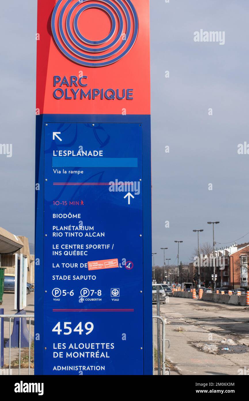 Information sign at Olympic Stadium in Montreal, Quebec, Canada Stock Photo