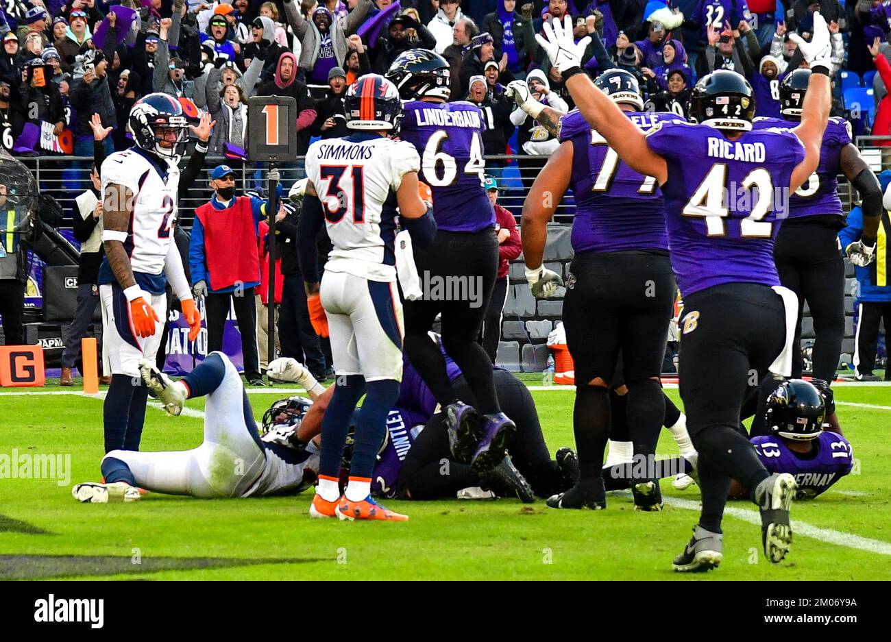 Baltimore, United States. 04th Dec, 2022. Baltimore Ravens players react as backup quarterback Tyler Huntley (C) rushes two yards for a touchdown against the Denver Broncos during the second half at M&T Bank Stadium in Baltimore, Maryland, on Sunday, December 4, 2022. Baltimore won 10-9. Photo by David Tulis/UPI Credit: UPI/Alamy Live News Stock Photo