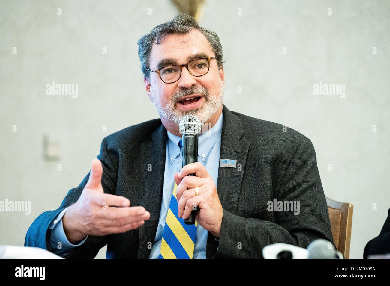 Washington, United States. 04th Dec, 2022. Mark Hetfield, President & CEO, HIAS, speaking at the 2022 J Street National Conference held at the Omni Shoreham Hotel in Washington, DC. (Photo by Michael Brochstein/Sipa USA) Credit: Sipa USA/Alamy Live News Stock Photo