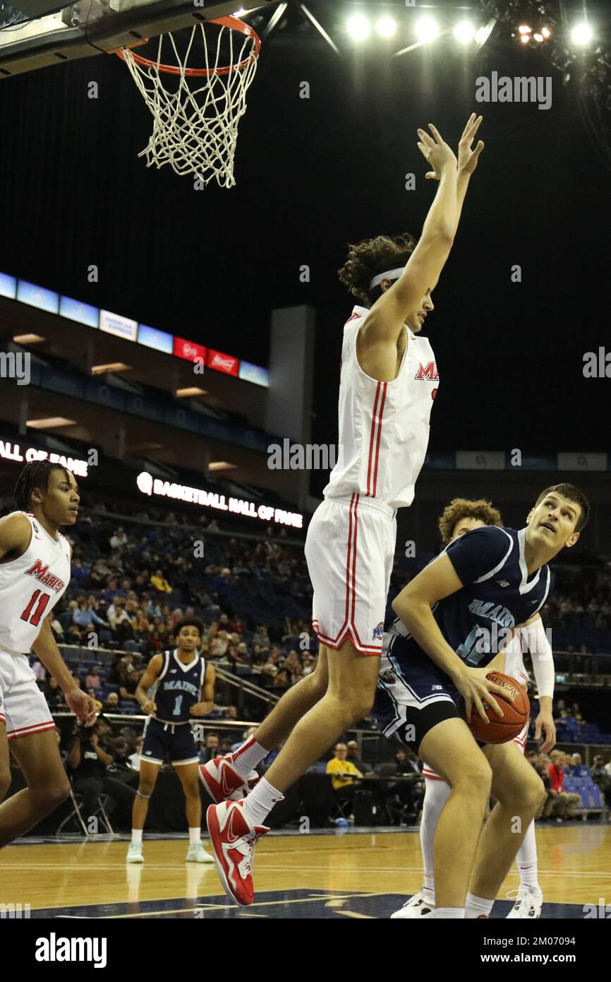 London, UK. 04th Dec, 2022. Milos Nenadic of University of Maine on the ball during the London Showcase of the Basketball Hall of Fame at the o2 Arena, London, England on 4 December 2022. Photo by Joshua Smith. Editorial use only, license required for commercial use. No use in betting, games or a single club/league/player publications. Credit: UK Sports Pics Ltd/Alamy Live News Stock Photo