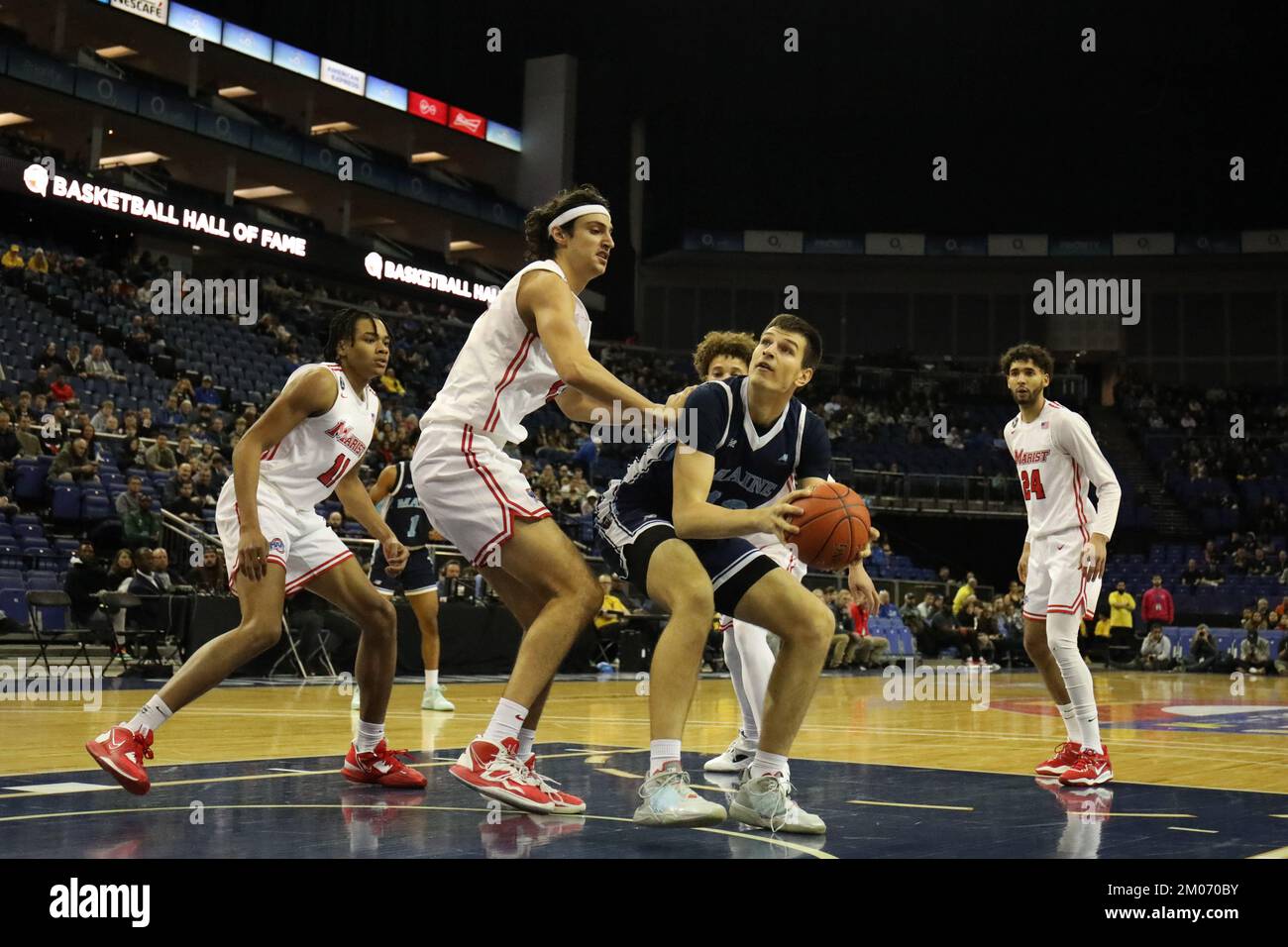 London, UK. 04th Dec, 2022. Milos Nenadic of University of Maine on the ball during the London Showcase of the Basketball Hall of Fame at the o2 Arena, London, England on 4 December 2022. Photo by Joshua Smith. Editorial use only, license required for commercial use. No use in betting, games or a single club/league/player publications. Credit: UK Sports Pics Ltd/Alamy Live News Stock Photo