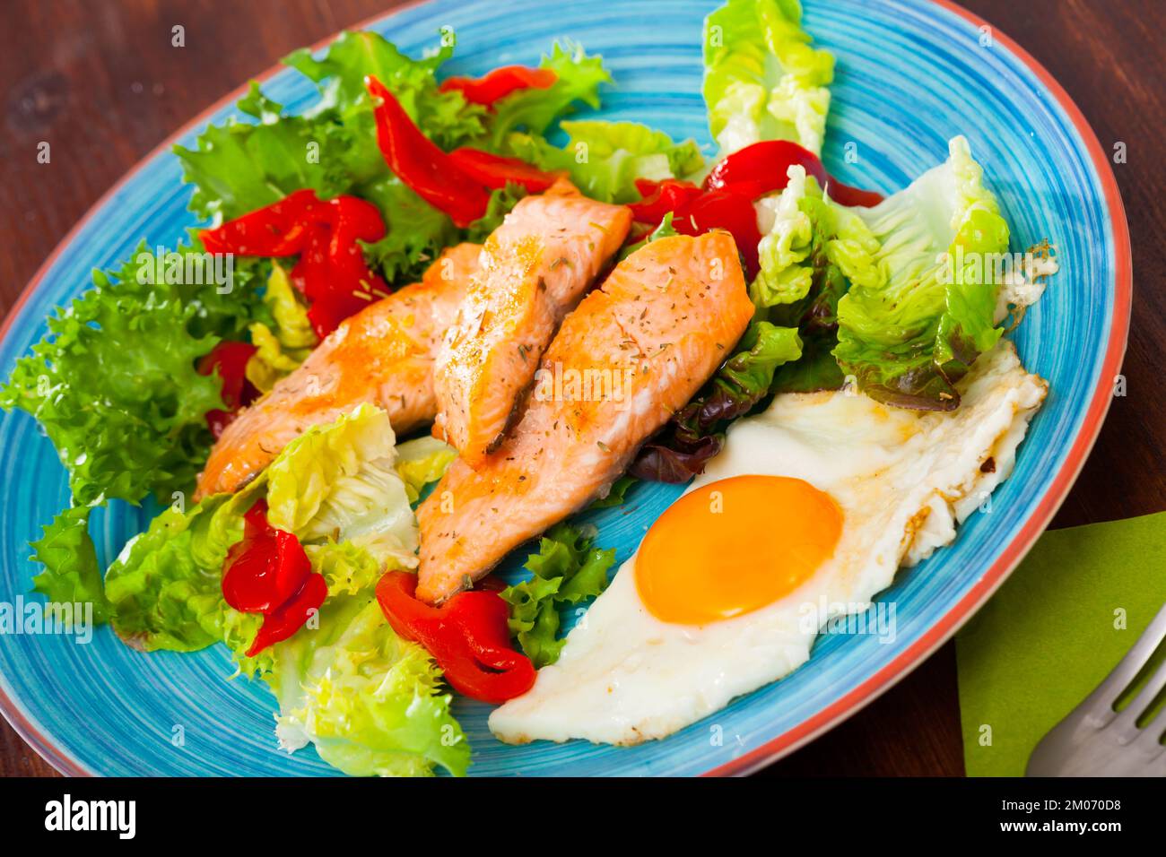 Lowcalorie breakfast with roasted trout Stock Photo Alamy